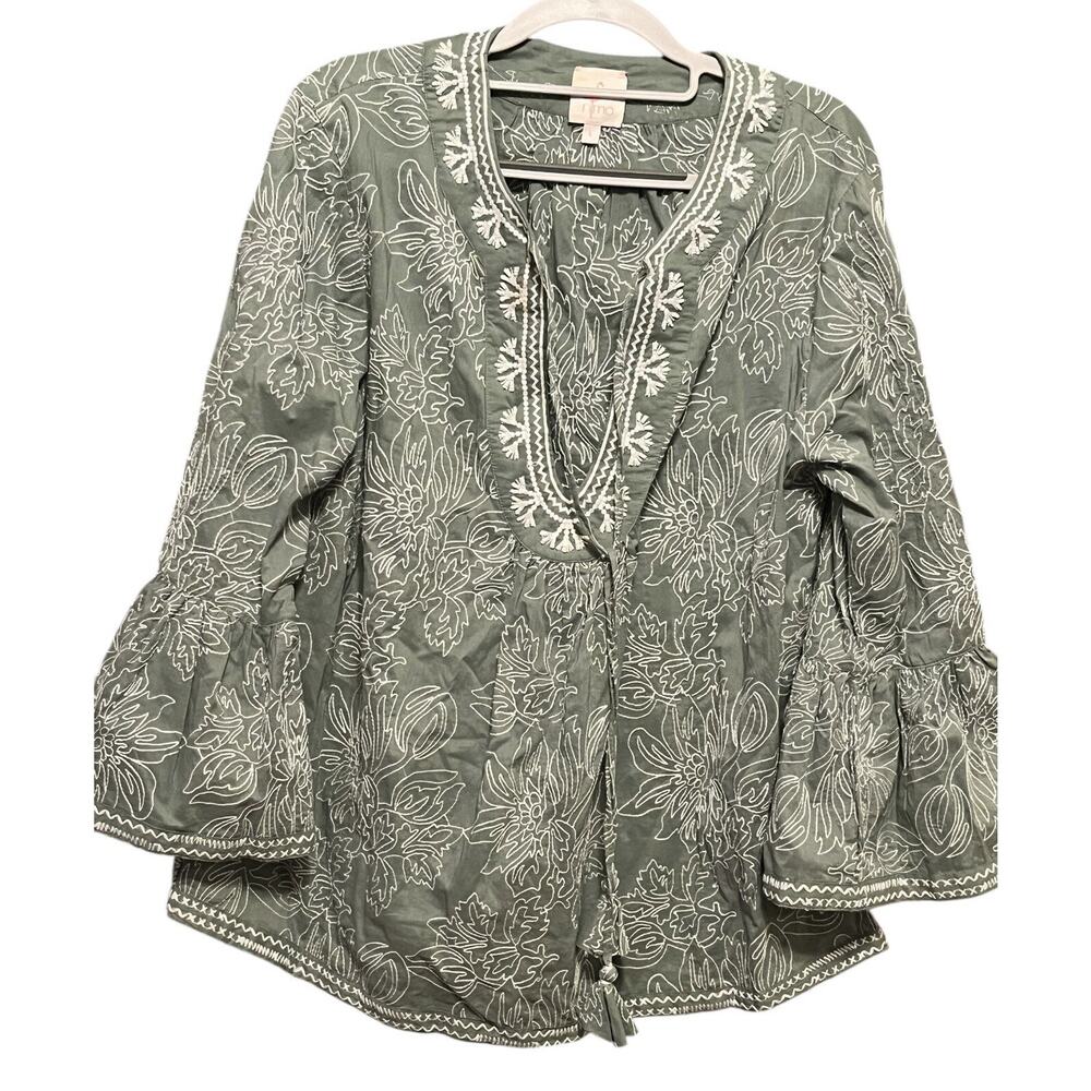 Nimo With Love Embroidered Bell Sleeve Tunic Top •L• Sage Green Peasant Shirt